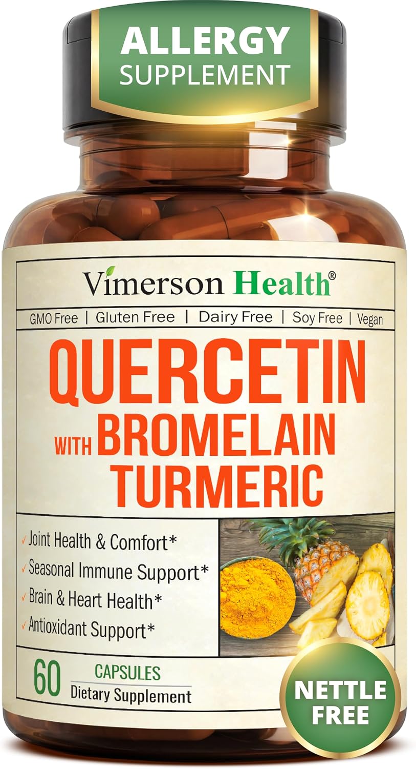 Quercetin with Bromelain Turmeric Curcumin Supplement – Triple Action: Allergy Relief, Inflammation and Joint Support with Organic Tumeric + Bioperine for Max Absorption – 60 Quercetin 500mg Capsules