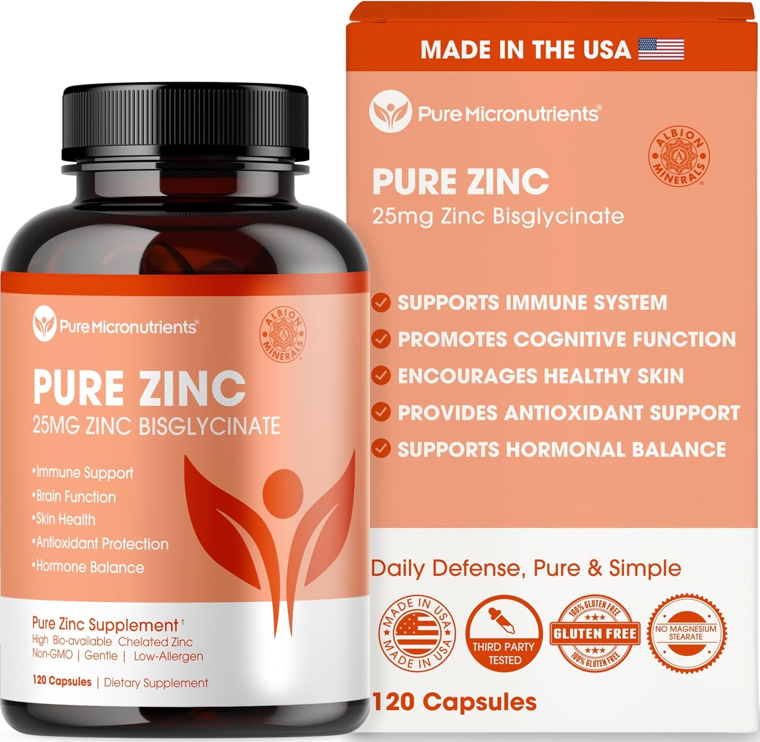 Pure Zinc Supplement 25mg – TRAACS Bisglycinate Chelate – 120 Capsules for Immune Support, Skin Health & Energy – for Men & Women