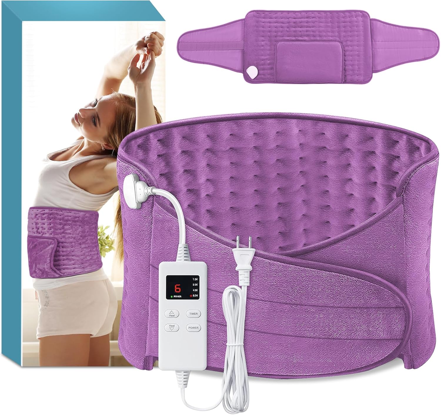 Heating Pad Back Pain Relief Electric Heating Pad for Period Cramps Lower Back Neck Shoulders Pain Relief 6-Hour Auto Off 12×24 Heated Pad + 20″ Belt 4 Timer 6 Heat Level Wrap