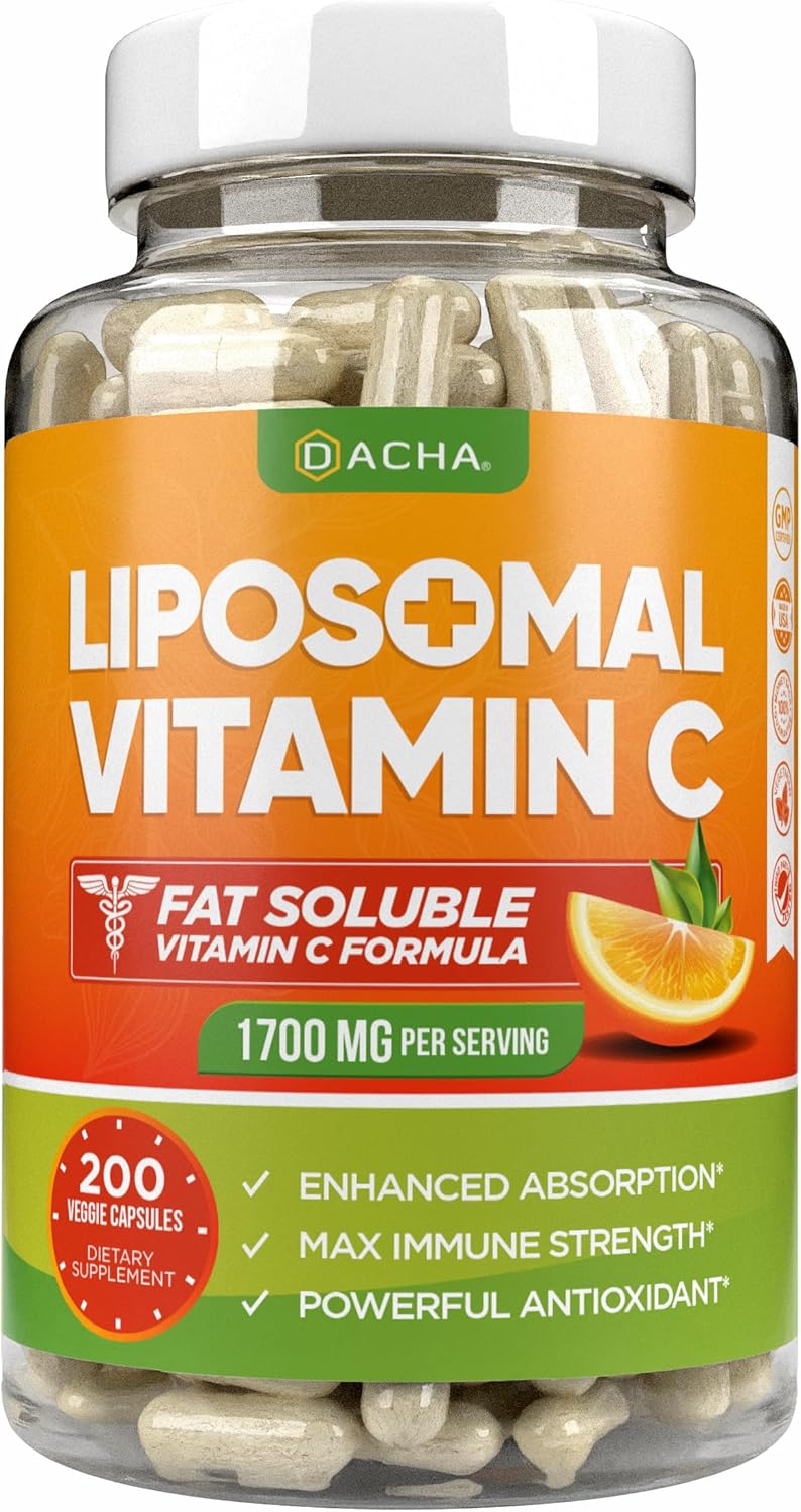 DACHA Natural Liposomal Vitamin C – 1700mg, 200 Capsules, Immune System & Collagen Booster, High Absorption Fat Soluble VIT C, Buffered, Skin Vitamins, Vegeterian, Vegan