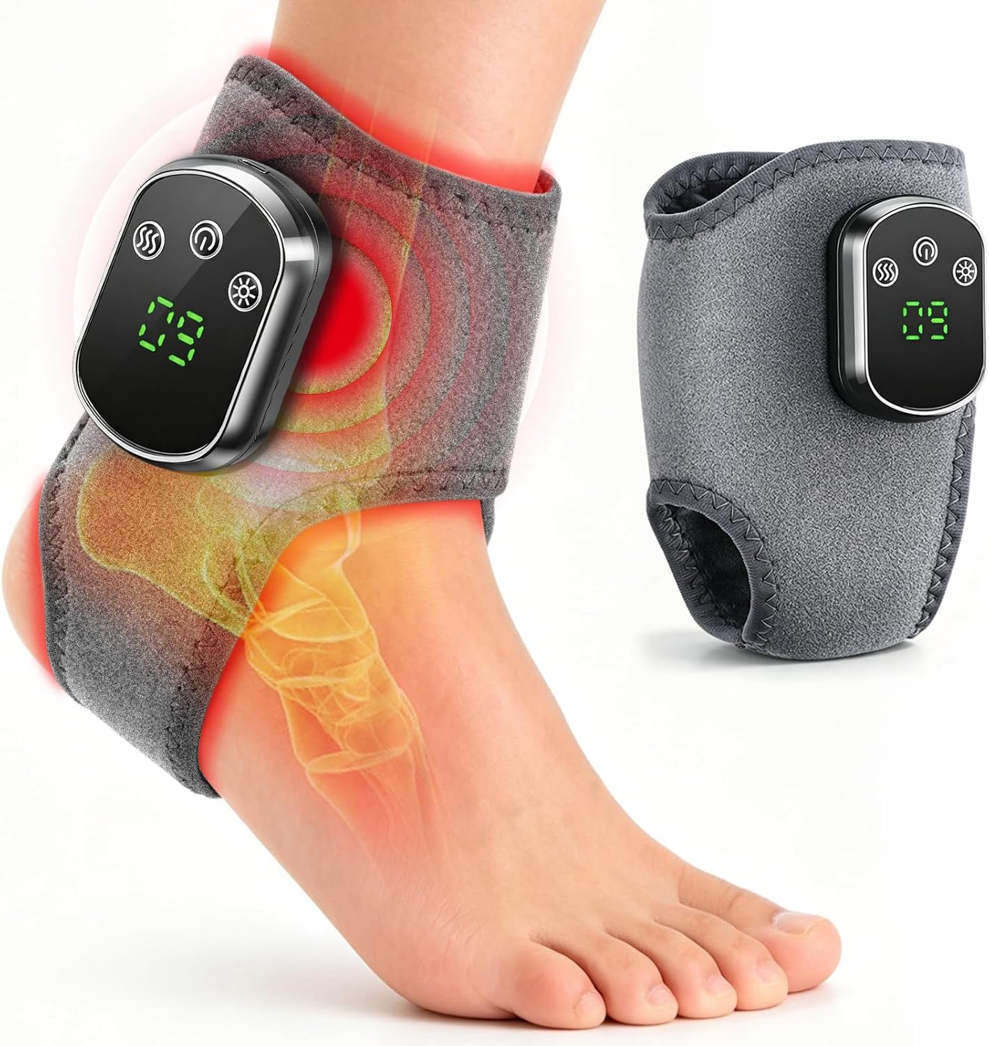 Red Light Therapy for Ankle with Heat & Vibration, Foot Massager & Ankle Heating Pad, 40 LEDs 660nm, 5 Heat Levels, 3 Modes, Portable Rechargeable for Foot & Ankle Comfort (Grey)