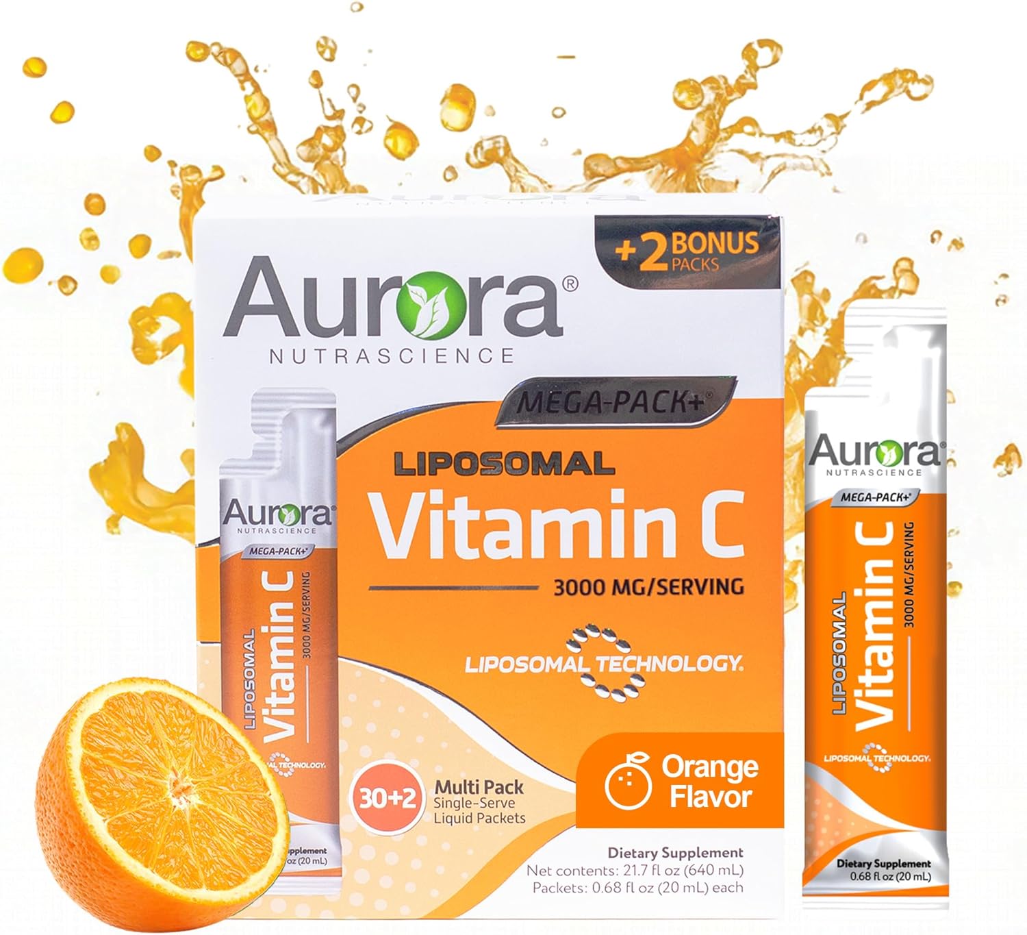 Aurora Nutrascience Liposomal Liquid Vitamin C – Healthy Immune Support Supplement for Adults, Sugar Free, 3000 mg per Serving, Vegan, Gluten Free, Non-GMO – 32 Single Serve Packets, Orange