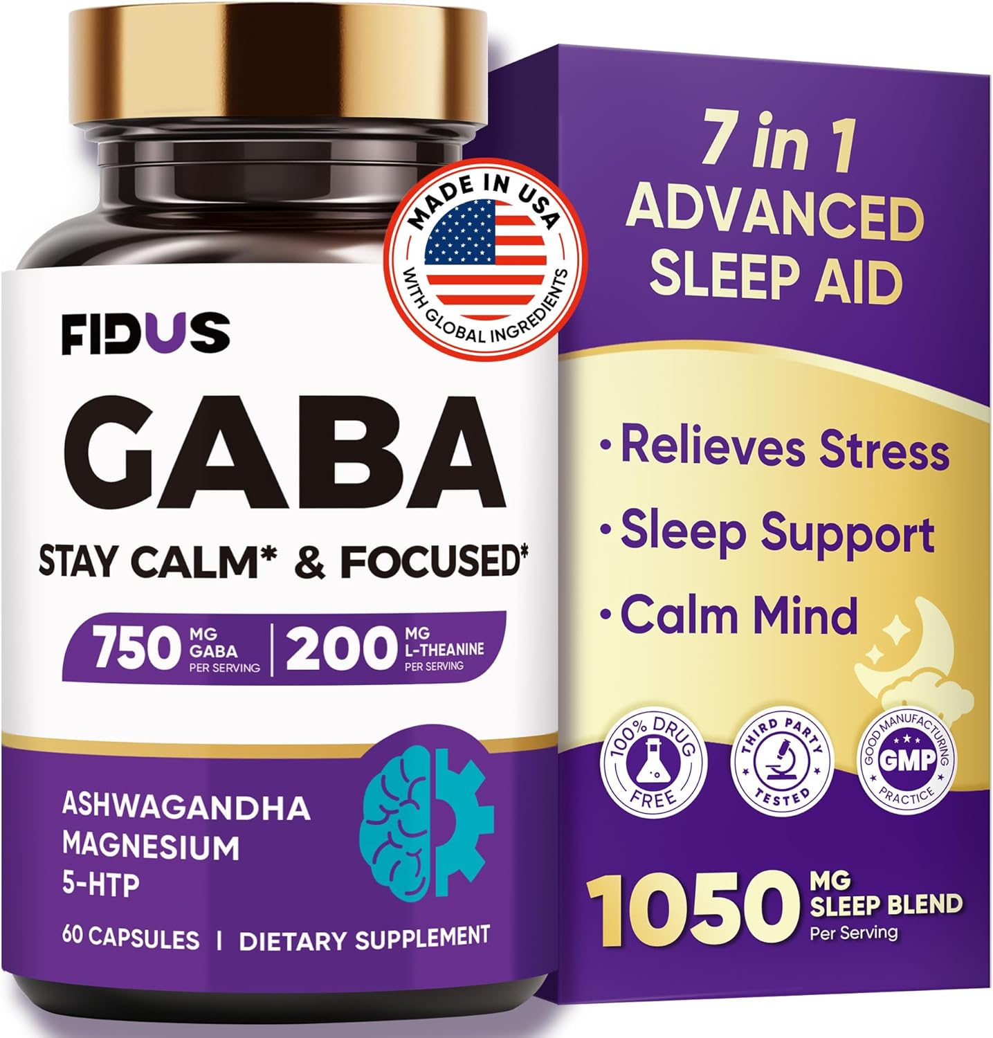 GABA L-Theanine Ashwagandha – 1050mg Blend – Made in USA – Advanced Sleep Aid & Calm- Magnesium, 5-HTP, Vitamin B6 & B12, GABA (Gamma Aminobutyric Acid) Supplement – Melatonin-Free & Non-Habit Forming