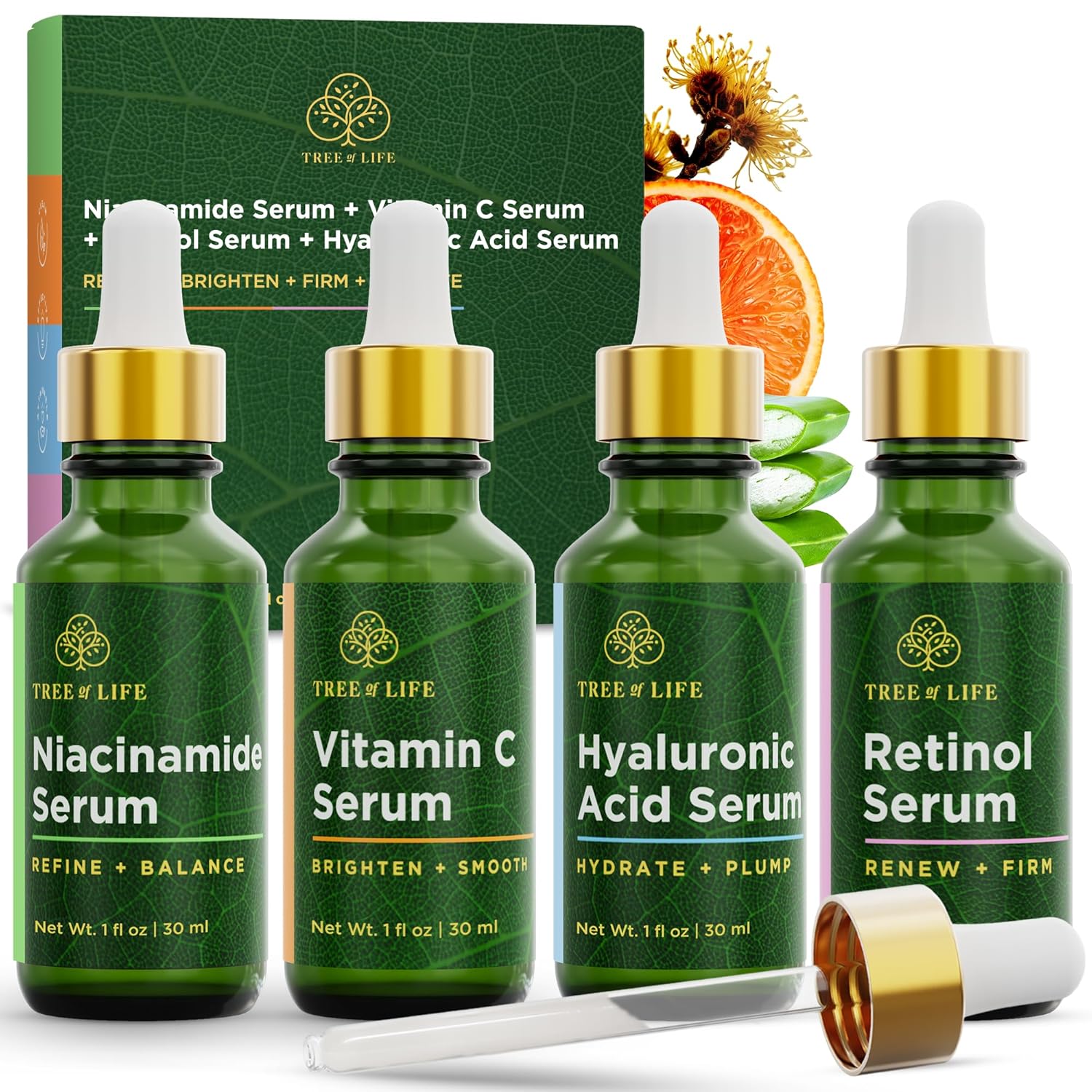 Tree of Life Beauty Facial Skin Care Set, Brightening, Firming & Hydrating Face Serums for Sensitive Skin – Niacinamide, Vitamin C, Retinol & Hyaluronic Acid, Dermatologist Tested, 1 Fl Oz (Pack of 4)