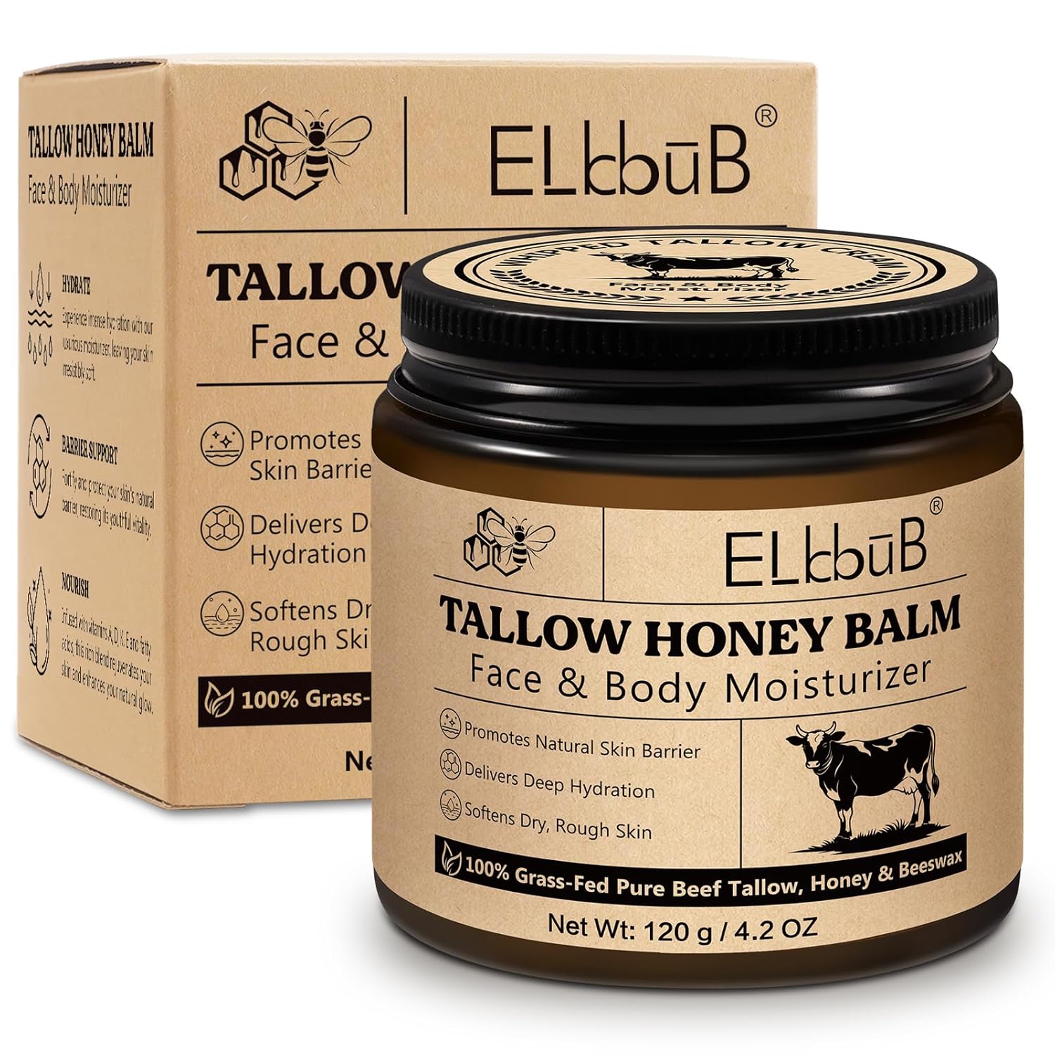 ELBBUB Whipped Tallow Cream for Face & Body – 100% Grass-Fed Beef Tallow, Natural Honey & Beeswax Moisturizer, Deep Hydration & Nourishment, Oil-Free & Unscented, Fast Absorbing