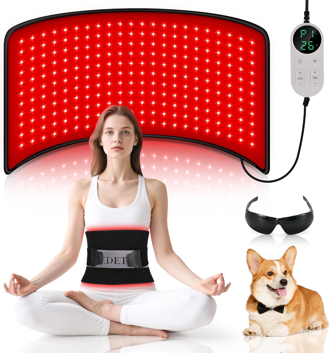Pedete Red Light Panel for Body, 24’’×12’’ Large Infrared Light Pad with Timer Remote Control, 660nm 850nm Home Office Daily Use on Back Shoulder Knee Leg & Pets (with Elastic Strap)
