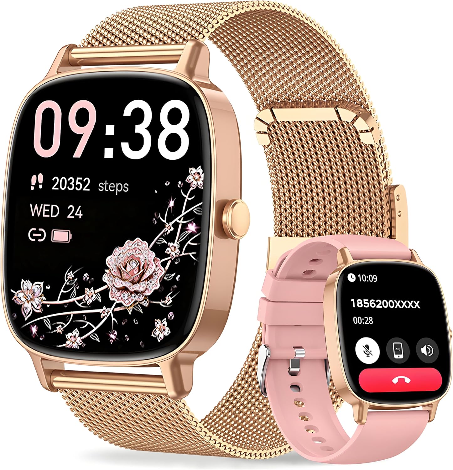 Smart Watch for Women, Answer/Make Call,1.85” Ultra-Clear Screen Fitness Tracker with Heart Rate/Sleep/SpO2 Monitor,Smartwatch for iPhone/Samsung/Android,120+ Sport Modes,IP68 Waterproof with 2 Bands