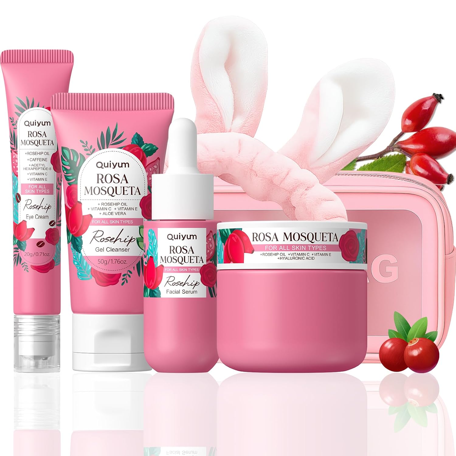 QUIYUM Skin Care Set, with Natural Rosehip Oil, Vit C & E Skincare Kits 4 Pcs- Restore Skin Elasticity, Refine Texture, Even Tone, Moisturizing, Glow Up, for All Skin Types, Mother’s Day Birthday Gift