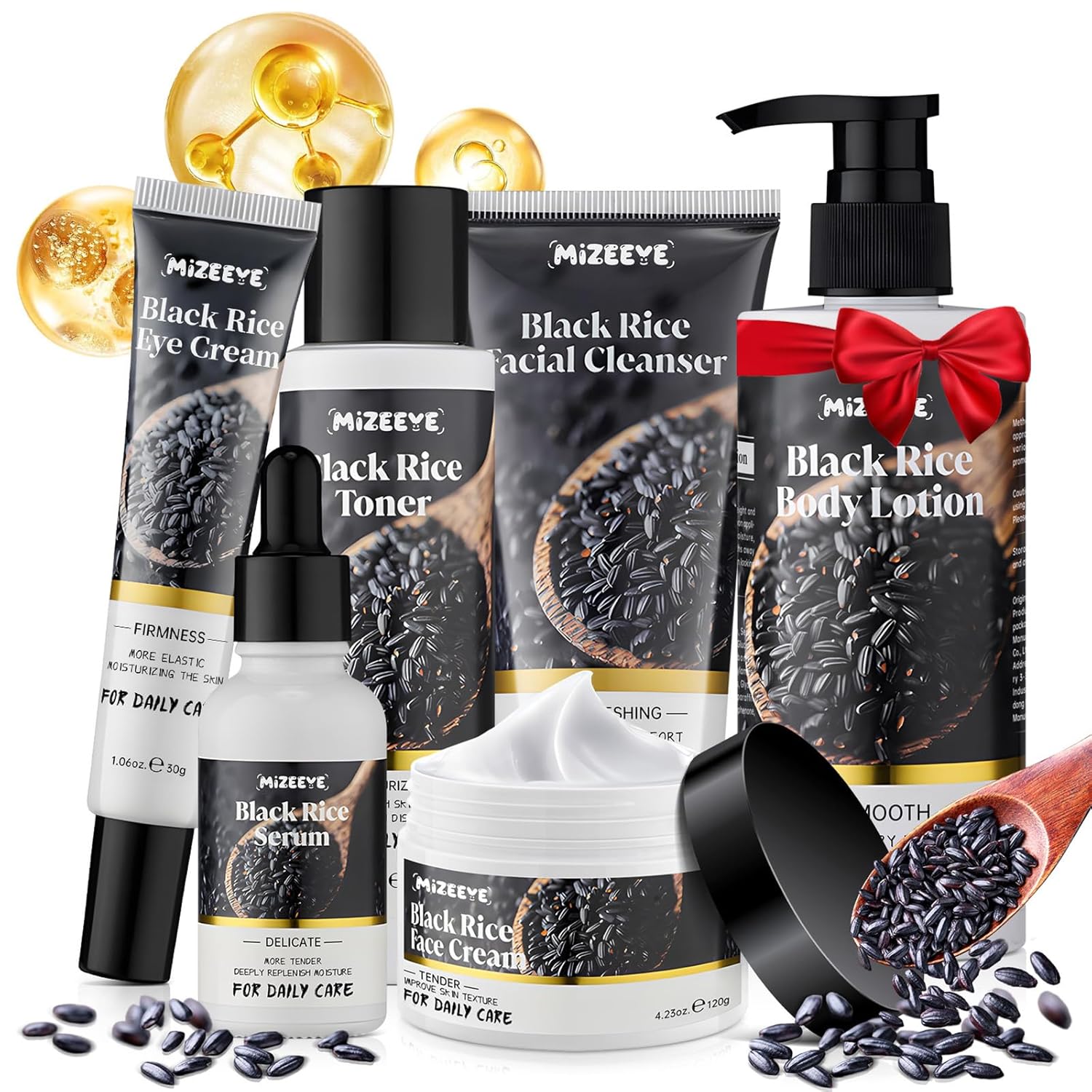 Natural Black Rice Skin Care Routine Set For Women, Anti Aging Face Kit With Face Wash, Toner, Serum, Body Lotion, Cream, Eye Cream, 6 PCS Skin Care Gift Set For All Skin Types, Acne, Fine Lines